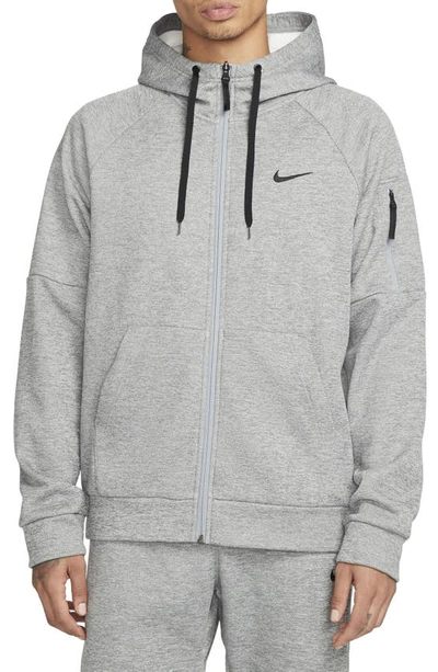 Shop Nike Therma-fit Fitness Full Zip Hoodie In Grey Heather/ Grey/ Black