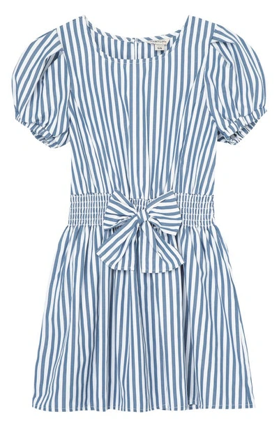 Shop Habitual Girl Kids' Stripe Puff Sleeve Fit & Flare Dress In Blue Stripe