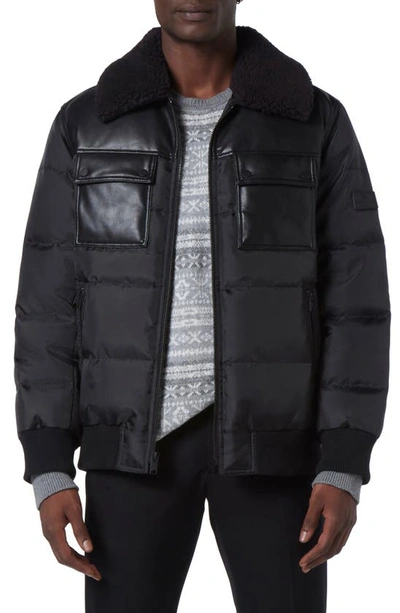Shop Andrew Marc Beaumont Faux Shearling Collar Faux Leather Water Resistant Quilted Puffer Jacket In Black