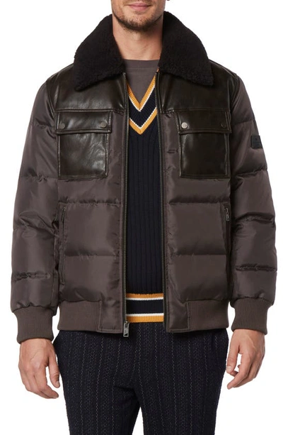 Shop Andrew Marc Beaumont Faux Shearling Collar Faux Leather Water Resistant Quilted Puffer Jacket In Brown