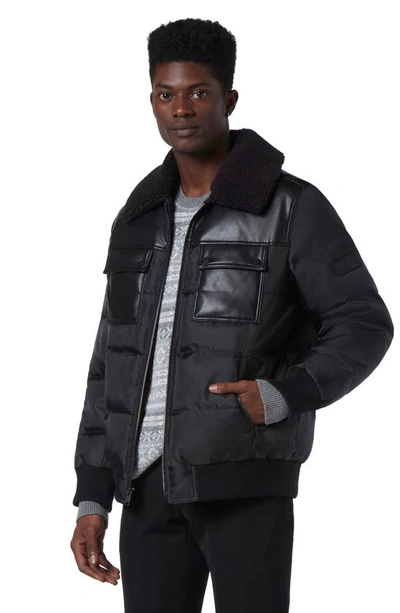 Shop Andrew Marc Beaumont Faux Shearling Collar Faux Leather Water Resistant Quilted Puffer Jacket In Black