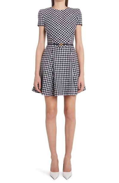 Shop Versace Check Belted Virgin Wool Blend Tweed Fit & Flare Minidress In Bianco Nero