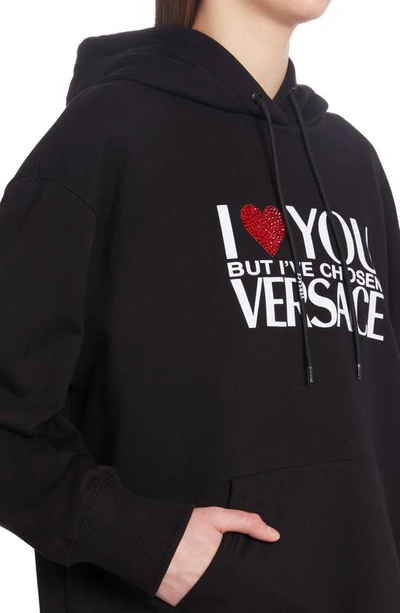 Shop Versace I Love  Hotfix Heart Crop Cotton Graphic Hoodie In Nero