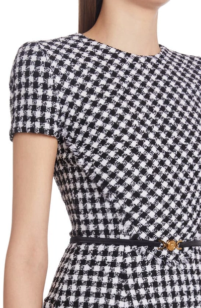 Shop Versace Check Belted Virgin Wool Blend Tweed Fit & Flare Minidress In Bianco Nero