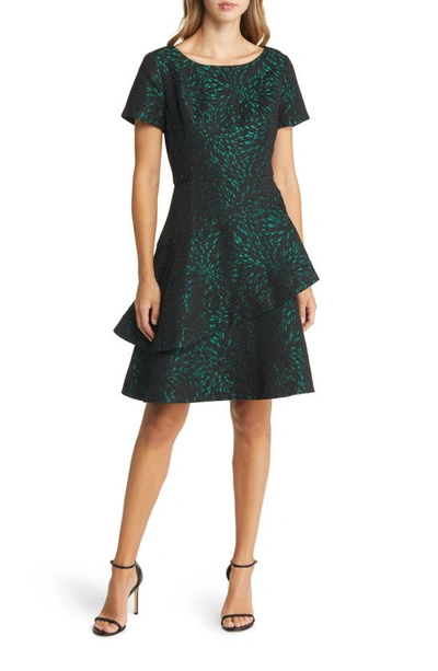 Shop Shani Tiered Jacquard Cocktail Dress In Black/ Green