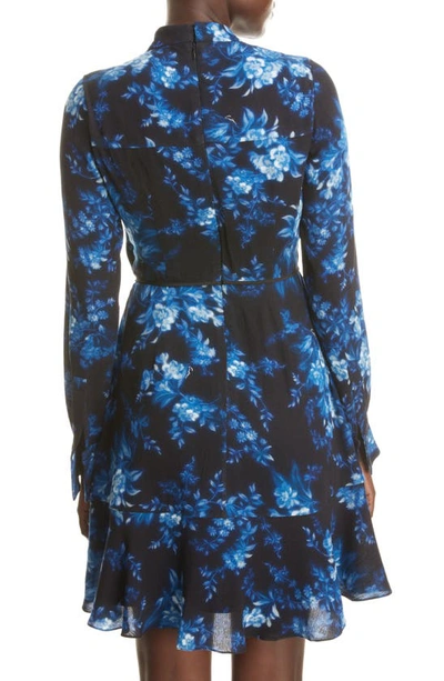 Shop Erdem Jenna Floral Long Sleeve Belted A-line Crepe Dress In Blue Black