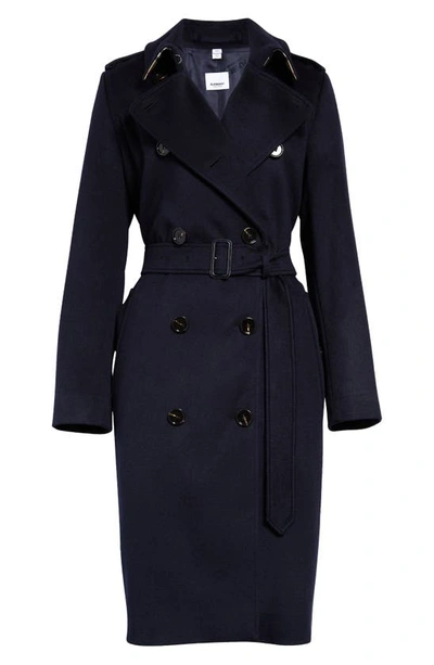 Shop Burberry Kensington Double Breasted Cashmere Trench Coat In Dark Charcoal Blue
