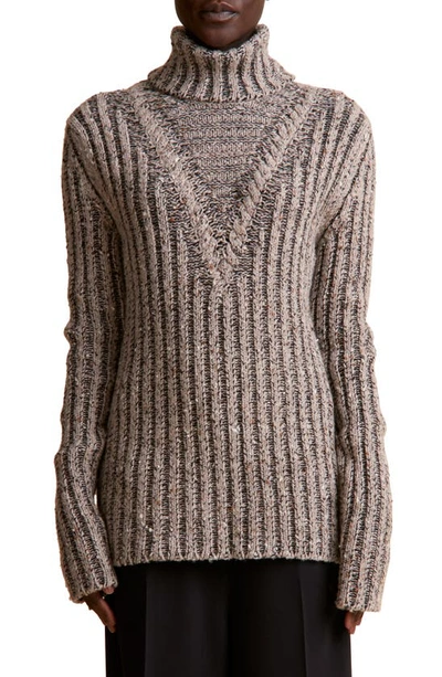 Shop Khaite Hadlee Speckled Cable Knit Cashmere Turtleneck Sweater In Biscuit