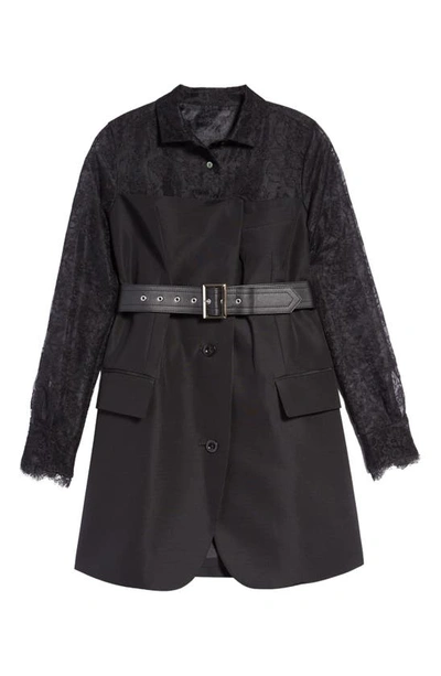 Shop Sacai Mixed Media Lace & Wool Blend Belted Jacket In Black