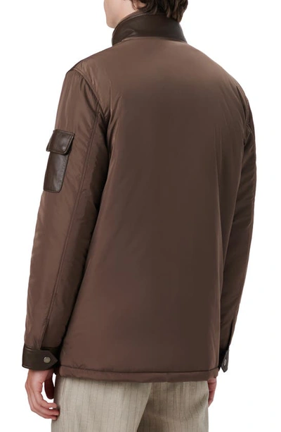 Shop Bugatchi Full Zip Leather Bomber Jacket With Removable Bib In Chocolate