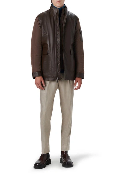 Shop Bugatchi Full Zip Leather Bomber Jacket With Removable Bib In Chocolate