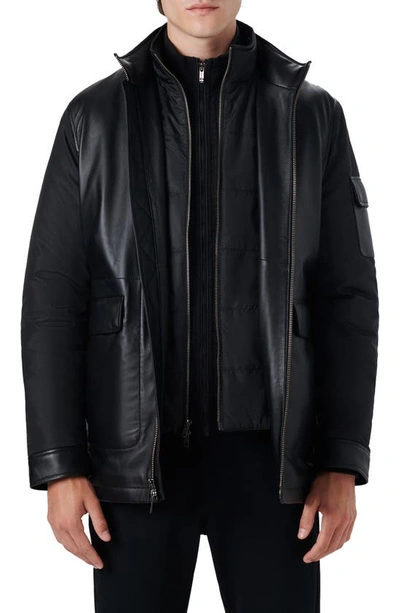 Shop Bugatchi Full Zip Leather Bomber Jacket With Removable Bib In Caviar