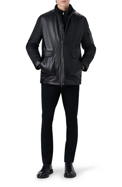 Shop Bugatchi Full Zip Leather Bomber Jacket With Removable Bib In Caviar