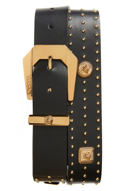 Versace Studded Biggie Coin Belt In Black- Gold