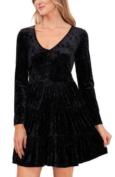 Shop Cece Long Sleeve Tiered Stretch Velvet Dress In Rich Black