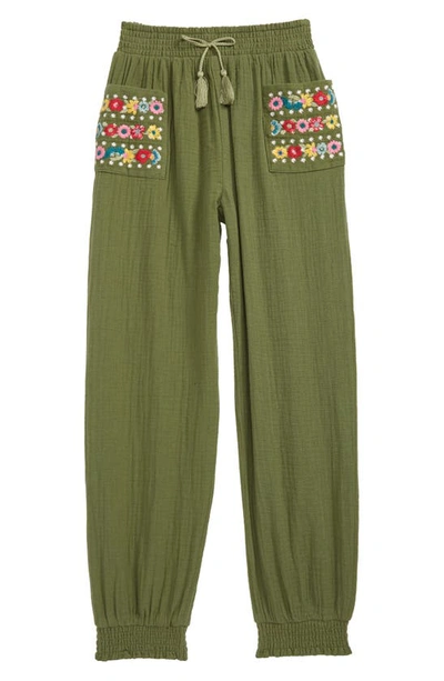 Shop Peek Aren't You Curious Kids' Embroidered Smocked Trim Cotton Pants In Olive