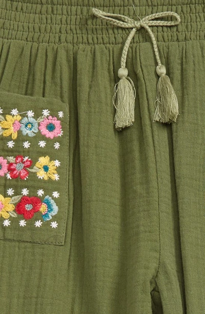 Shop Peek Aren't You Curious Kids' Embroidered Smocked Trim Cotton Pants In Olive