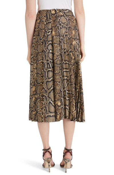 Shop Victoria Beckham Pleated Snake Print Silk Faux Wrap Midi Skirt In Khaki