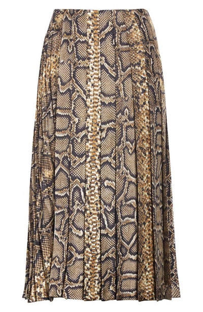 Shop Victoria Beckham Pleated Snake Print Silk Faux Wrap Midi Skirt In Khaki