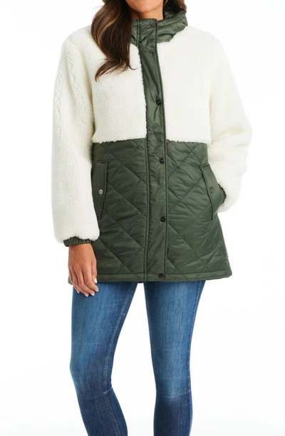 Shop Sanctuary Mixed Media Faux Shearling Quilted Coat In Olive