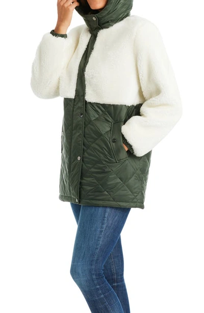 Shop Sanctuary Mixed Media Faux Shearling Quilted Coat In Olive