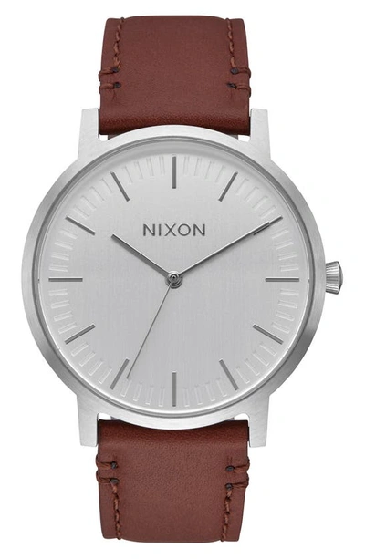 Shop Nixon Porter Round Leather Strap Watch, 40mm In Gunmetal/ Charcoal/ Taupe