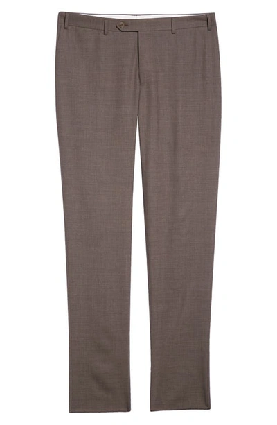 Shop Canali Flat Front Classic Fit Solid Stretch Wool Dress Pants In Brown
