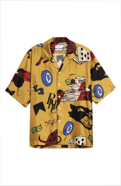 Shop Rhude Doodle Short Sleeve Silk Button-up Camp Shirt In Mustard/ Multi 1059