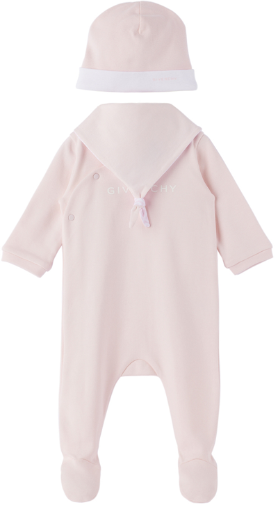 Shop Givenchy Baby Pink 4g Jumpsuit & Beanie & Cloth Set In 44z Pink