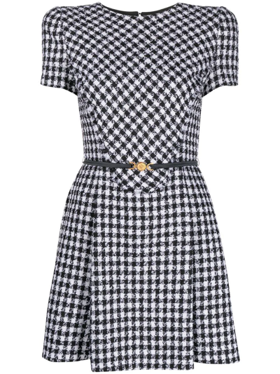 Shop Versace Belted Houndstooth Dress In Black