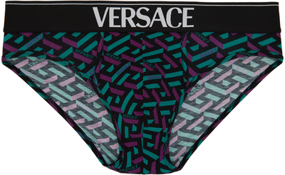 Shop Versace Black 'la Greca' Briefs In 5g320 Teal+plum