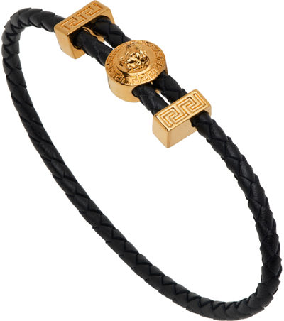 Shop Versace Black & Gold Leather Bracelet In 1b00v Nero-oro Versa