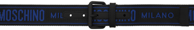 Shop Moschino Black & Blue Jacquard Logo Belt In A6555 Fantasy Print
