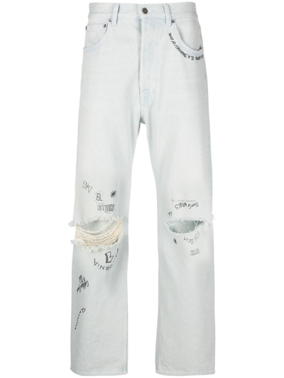 Shop Golden Goose Blue Distressed-effect Text-print Straight-leg Jeans