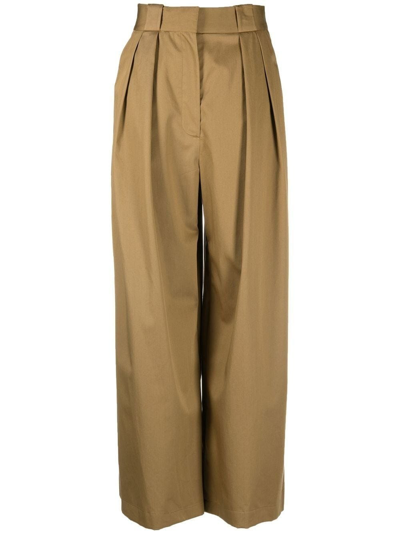 Shop Khaite Brown Pleated Wide-leg Trousers