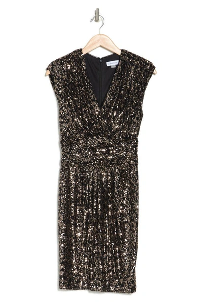 Shop Calvin Klein Short Sequin Surplice Dress In Bronze/ Black