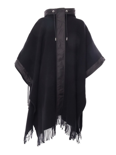 Shop Moncler Layered Fringed Drawstring Cape In Black
