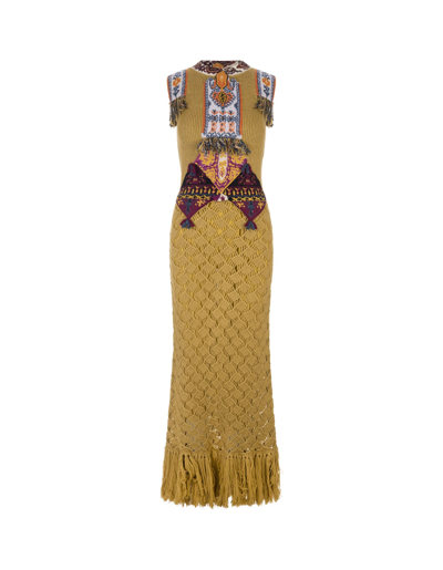 Shop Etro Long Yellow Wool Dress With Multicolored Patch In Giallo