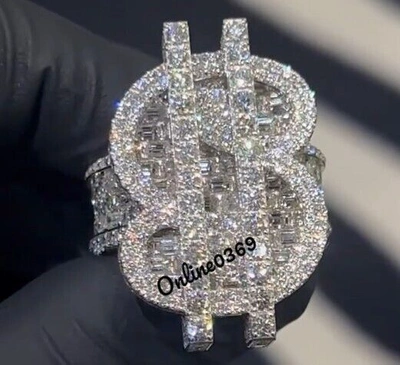Pre-owned Online0369 3.9ct Baguette Simulated Diamond Men's Dollar Symbol Ring 925 Silver Free Stud In White