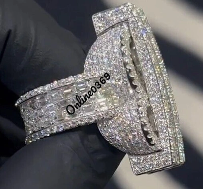 Pre-owned Online0369 3.9ct Baguette Simulated Diamond Men's Dollar Symbol Ring 925 Silver Free Stud In White