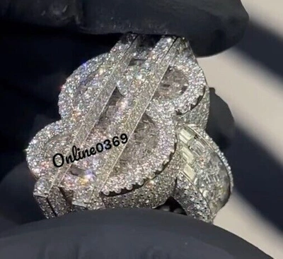Pre-owned Online0369 3.9ct Baguette Simulated Diamond Men's Dollar Symbol Ring 925 Silver Free Stud In White