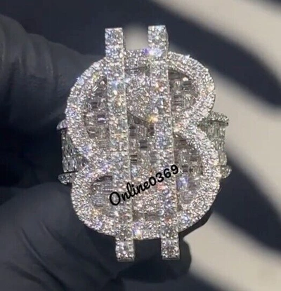 Pre-owned Online0369 3.9ct Baguette Simulated Diamond Men's Dollar Symbol Ring 925 Silver Free Stud In White