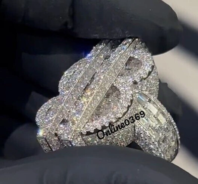 Pre-owned Online0369 3.9ct Baguette Simulated Diamond Men's Dollar Symbol Ring 925 Silver Free Stud In White