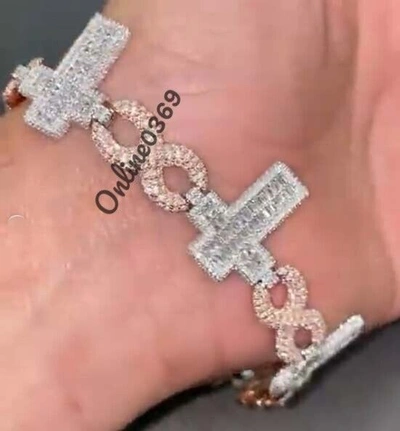 Pre-owned Online0369 4.50ct Rd Cubic Zirconia Men's Infinity Cross Link Bracelet Silver Free Stud In White