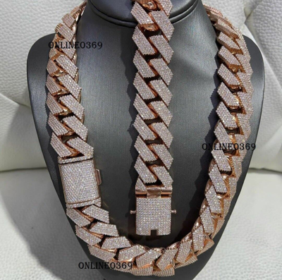 Pre-owned Online0369 Men's 25mm X 8" X 20" Cubic Zirconia Bracelet & Cuban Necklace Set 925 Silver In White