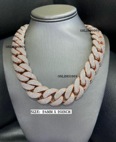 Pre-owned Online0369 Real Moissanite Men's 24 X 20" Long Honey Cuban Necklace Rose Gold Plated Silver In White
