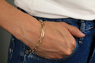 Pre-owned Nuragold 14k Yellow Gold 6mm Paperclip Chain Rolo Elongated Link Cable Bracelet Womens 7"