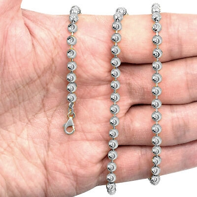 Pre-owned Nuragold Mens 10k White Gold Solid 4mm Diamond Moon Cut Bead Ball Chain Necklace 26"