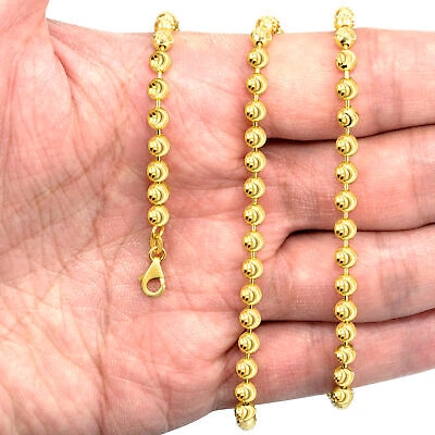 Pre-owned Nuragold Mens 10k Yellow Gold Solid 4mm Diamond Moon Cut Bead Ball Chain Necklace 22"