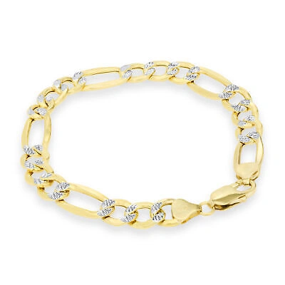 Pre-owned Nuragold 14k Yellow Gold Mens Solid 10mm Diamond Cut White Pave Figaro Chain Bracelet 9"